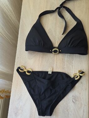 Victoria's Secret Black Bikini with Gold Rope Rings Top Size L,BOTTOM M
